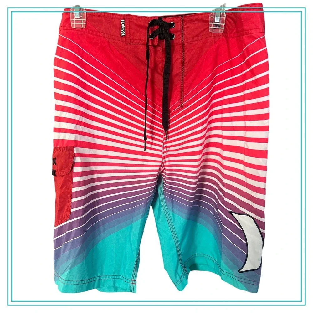 Hurley Mens Board Short Size 34 Red Teal Sunburst Striped Swim Trunks MBS0004710